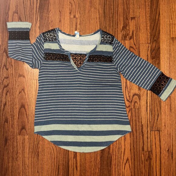 FREE PEOPLE Striped Crochet Accent Long Sleeve Top Size M - Picture 1 of 10